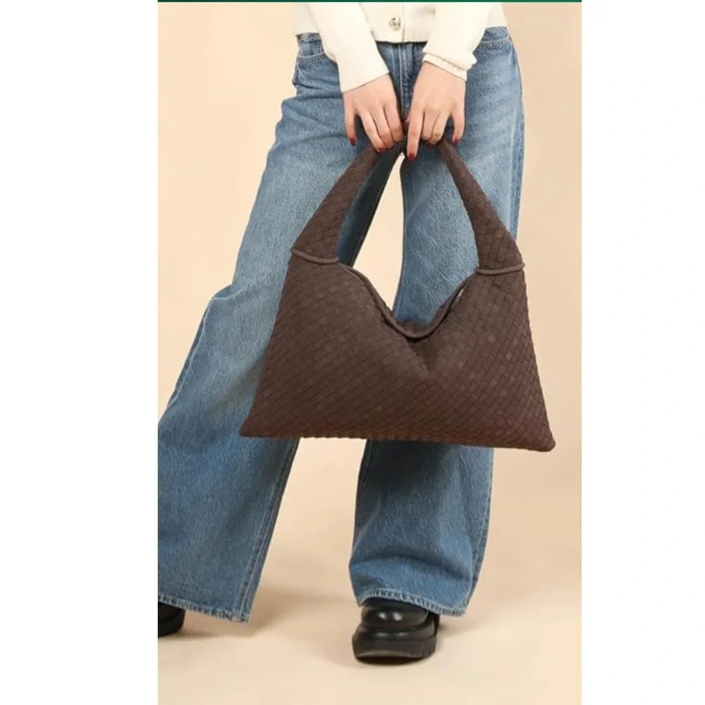 Luxury Faux Suede Woven Hobo Shoulder‎ Bag Chocolate Brown Chic Everyday